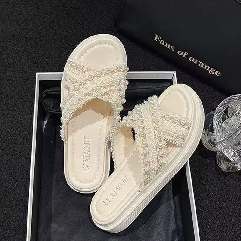 【Shoes】パール付きサンダル Q8427