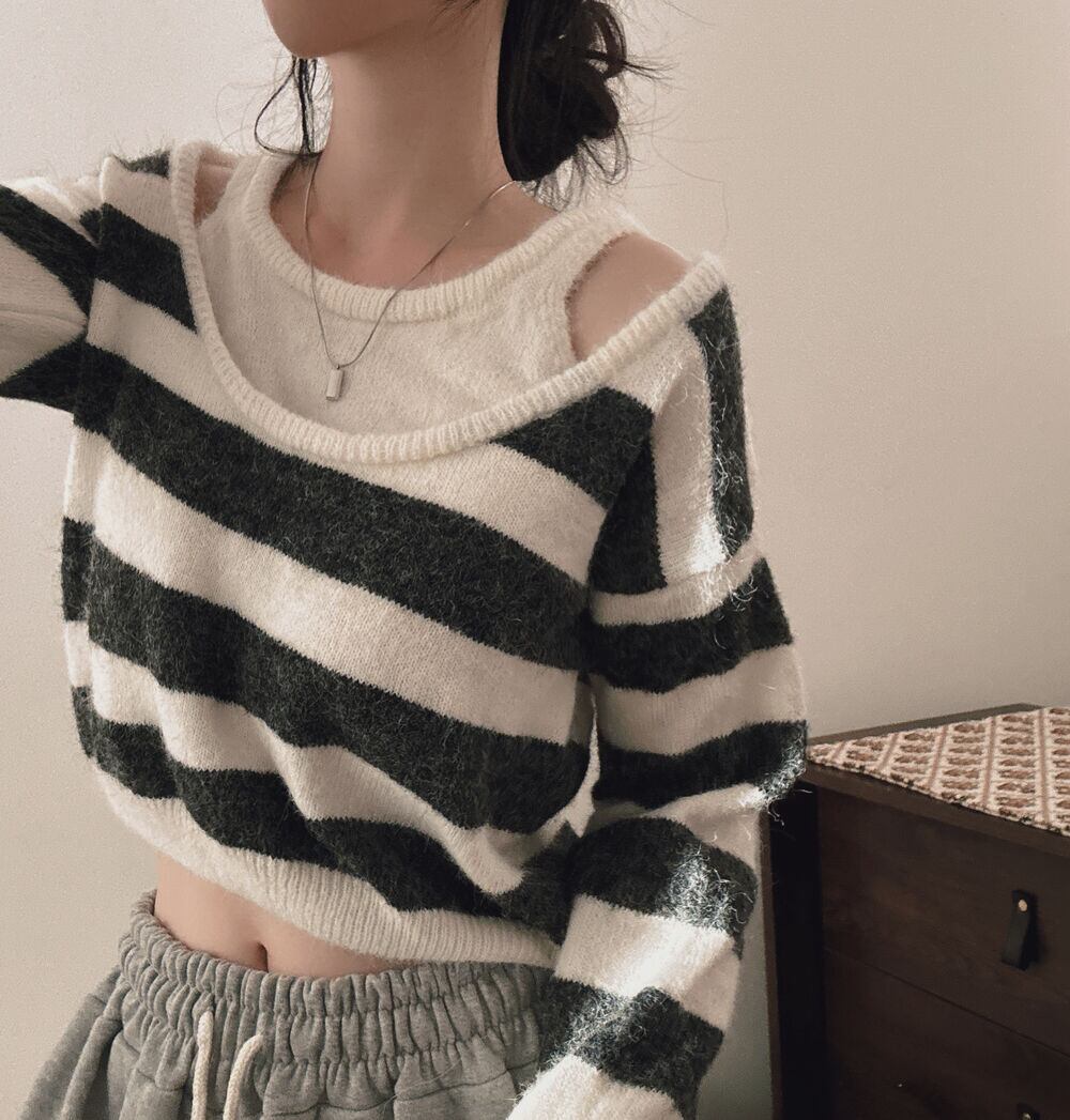 【tops】ボーダー柄切り替えニットセーター　M27774