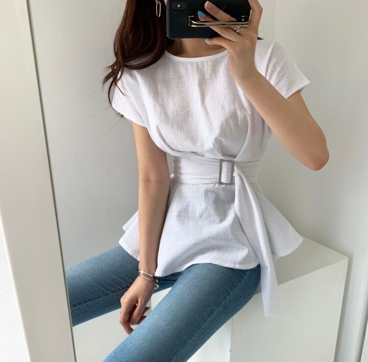 【tops】美人度アップラウンドネック半袖ファッションウェスト絞り無地ブラウスF0019