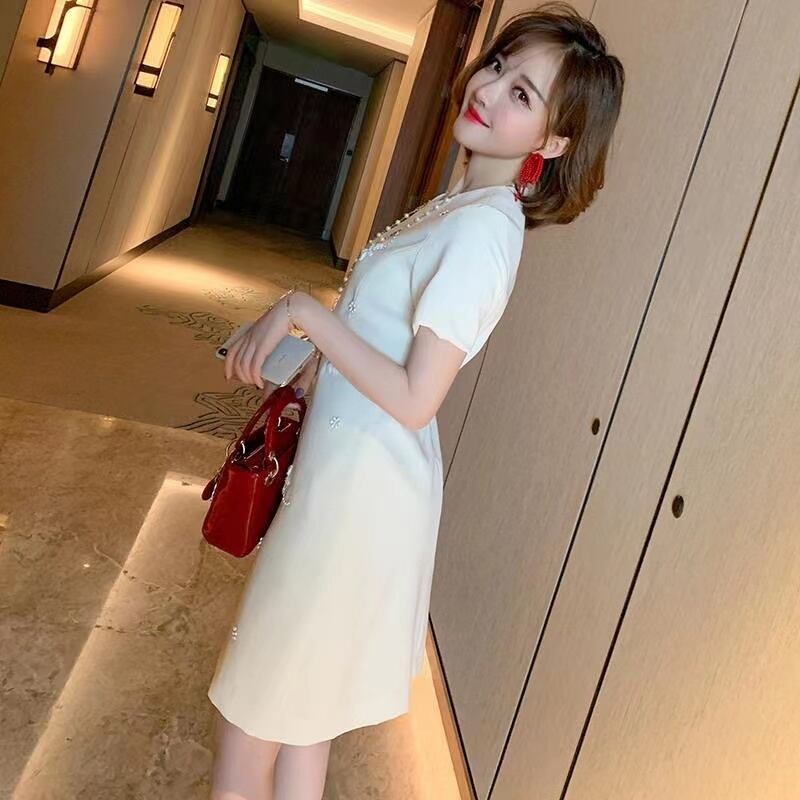 【dress】美感いっぱいラウンドネック半袖無地ビーズ飾り披露宴二次会韓国ファッションワンピースF2186