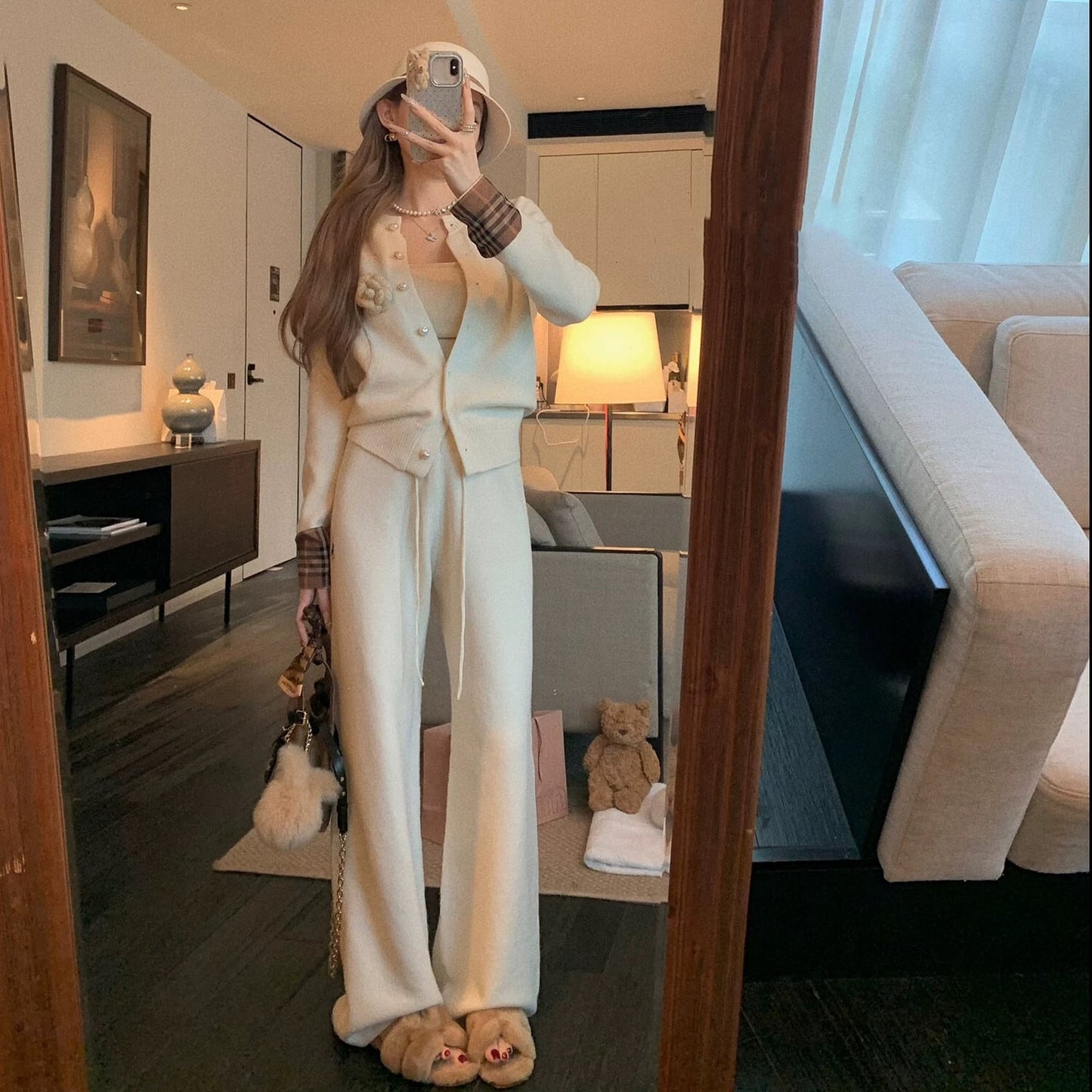 【set】チェック柄切り替えニットカーディガン×ワイドパンツセット　N3307