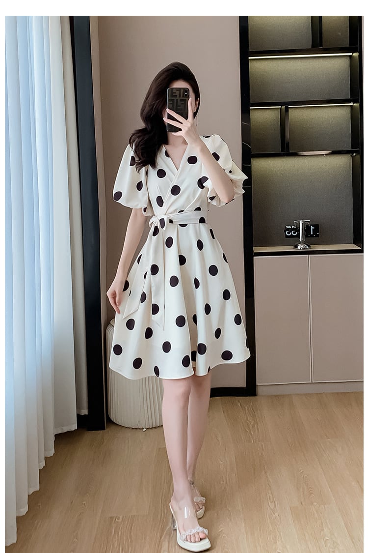 【dress】Vネックパフスリーブドット柄ワンピース G21499