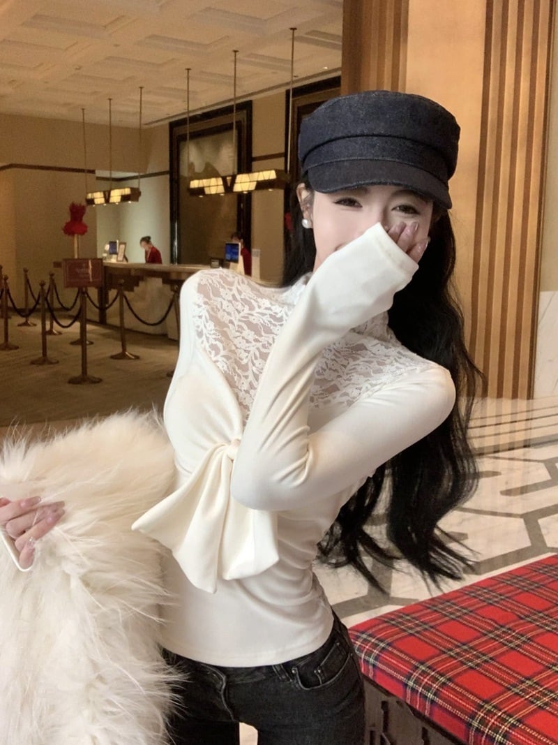 【tops】リボン付きレースドッキングトップス　M28143
