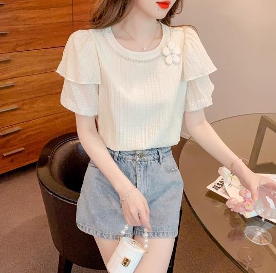 【tops】ラウンドネック半袖パフ袖ブラウスF7509