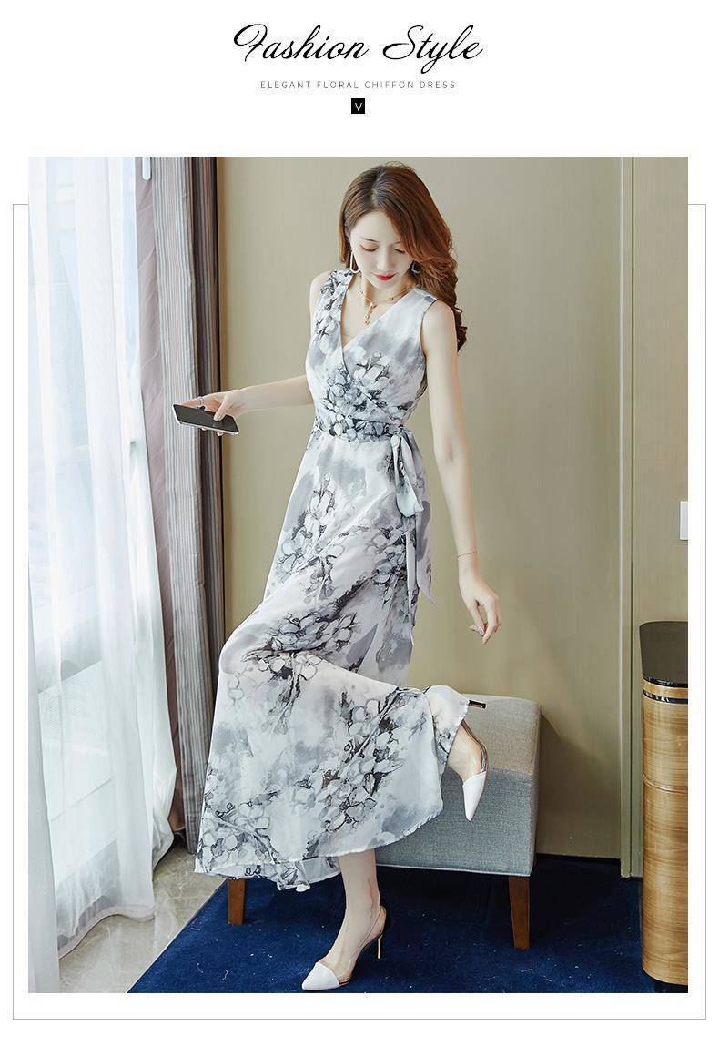 【dress】エレガント美人度アップ!気質満点Vネックシフォン着痩せワンピース G0177