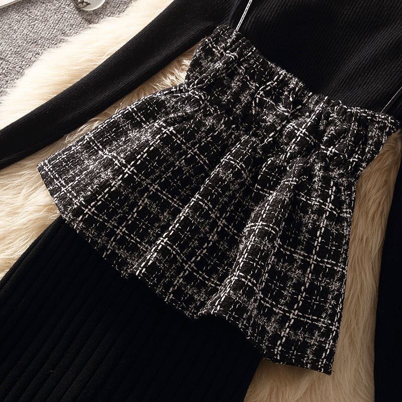 【set】店長推薦秋冬新作無地着やせセーター+チェック柄ベスト+ビーズ飾りタイトスカート通勤日常3点セットF0999