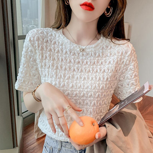 【tops】清新スウィート半袖ラウンドネック着回し無地ファッションTシャツ