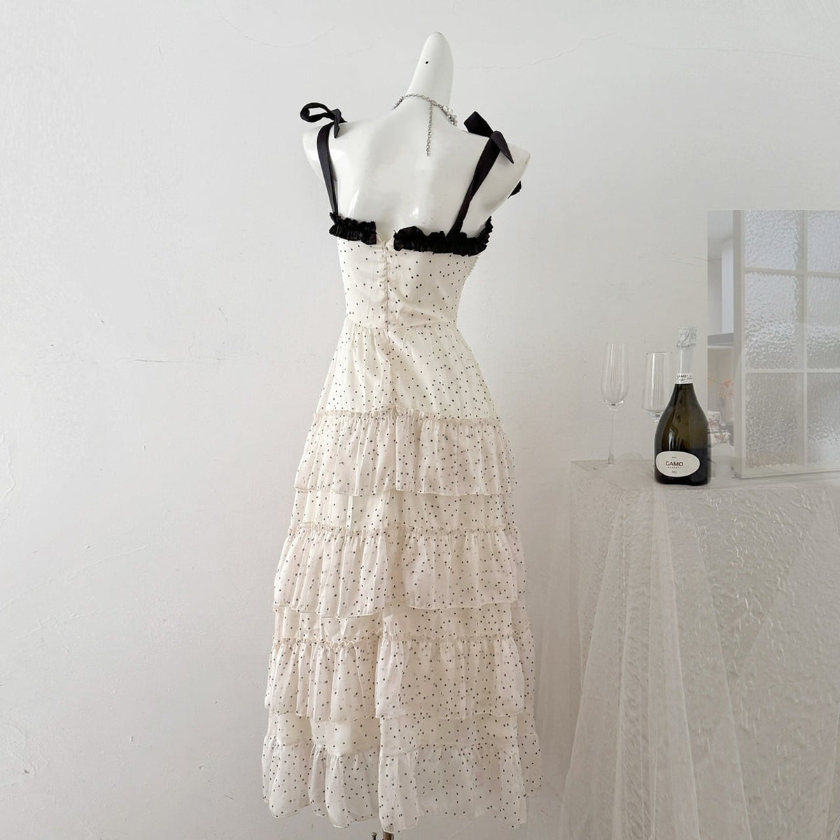 【dress】ショルダーリボンドット柄ワンピース　M32122