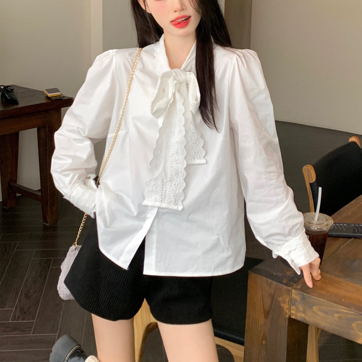 【tops】レース切り替えシャツブラウス　M29816