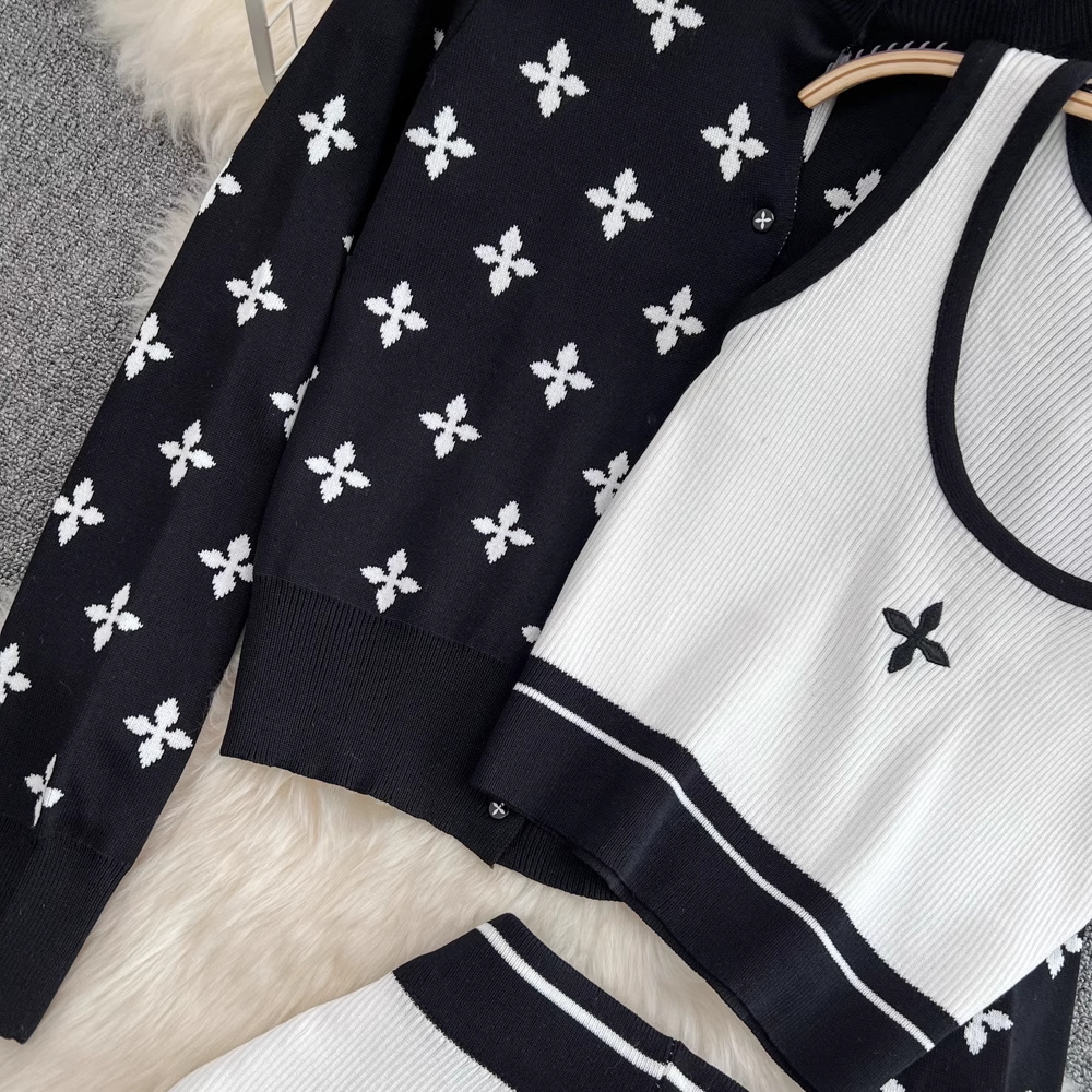 【set】長袖カーディガン＋タンクトップ+ガウチョパンツニット3点セットF7986