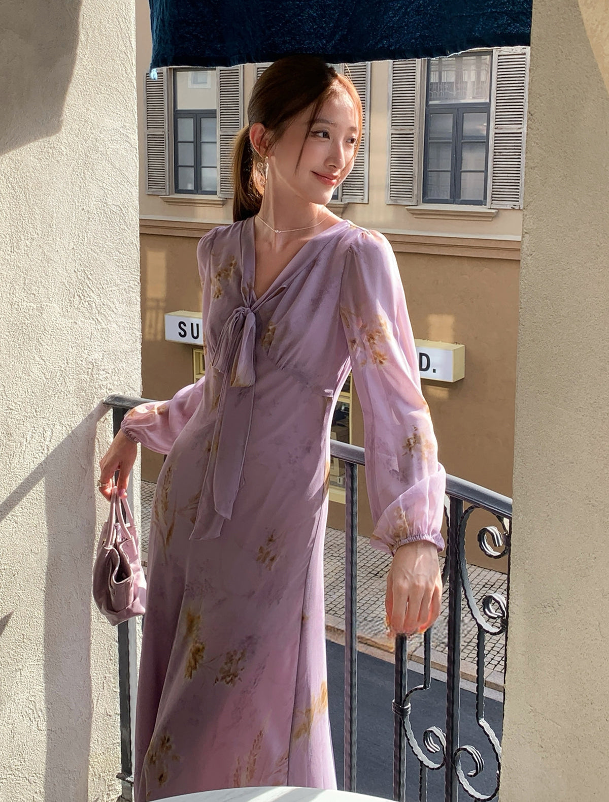 【dress】ボウタイフラワー柄ロングワンピース Q8919