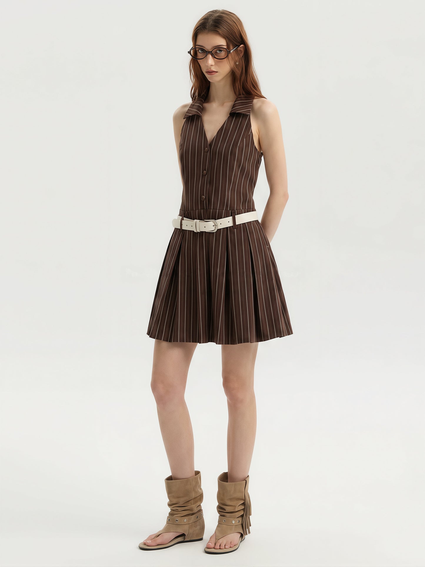 【dress】ノースリーブストライプ柄シャツワンピース Q8829