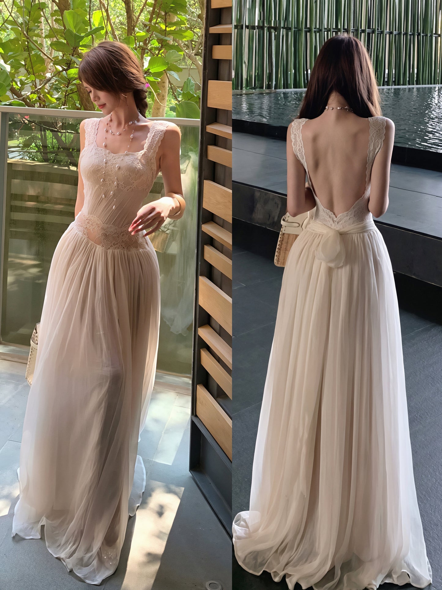 【dress】レースドッキングチュールロングワンピース Q8854