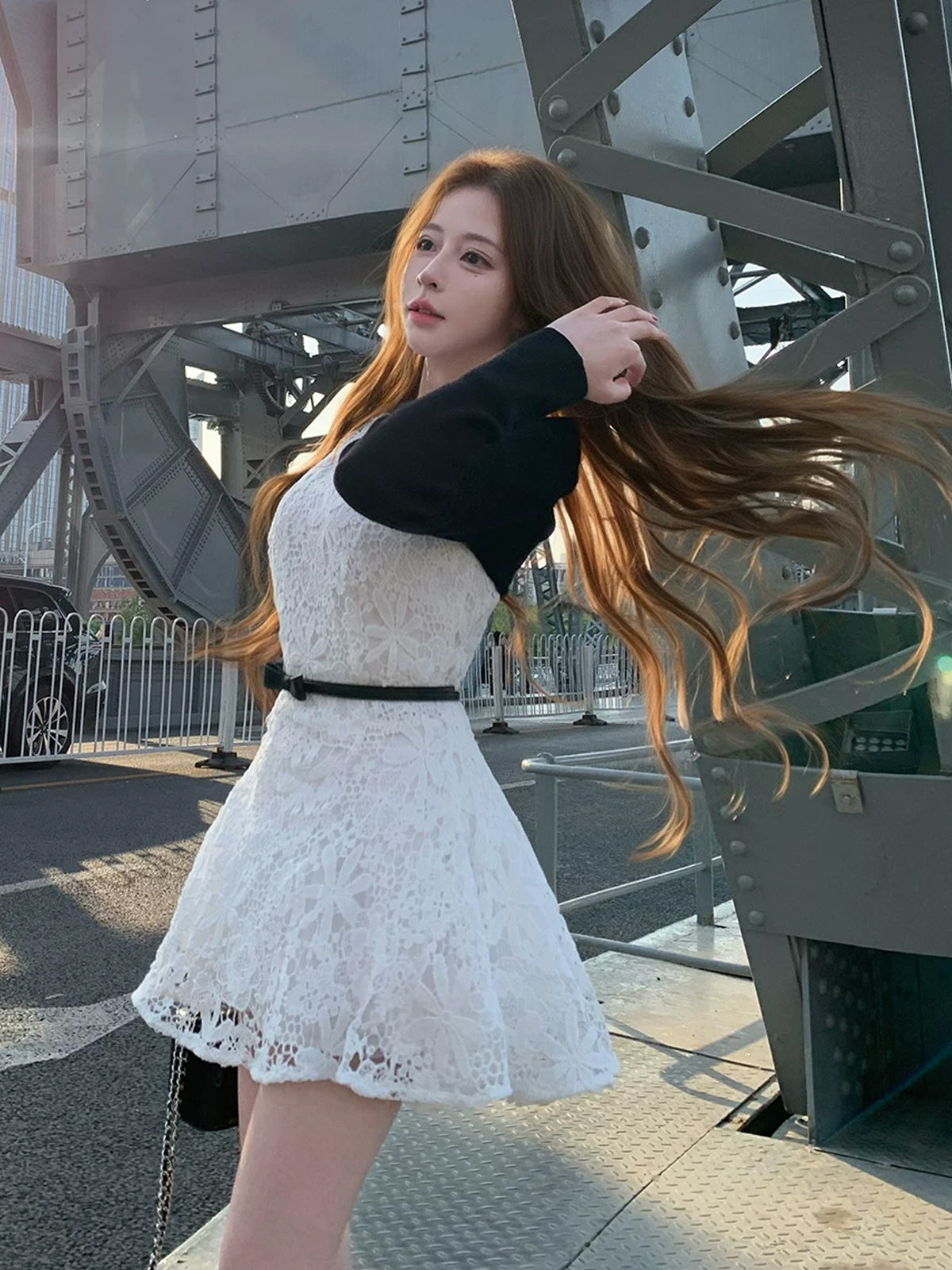 【dress】リボンベルトレースワンピース Q8755