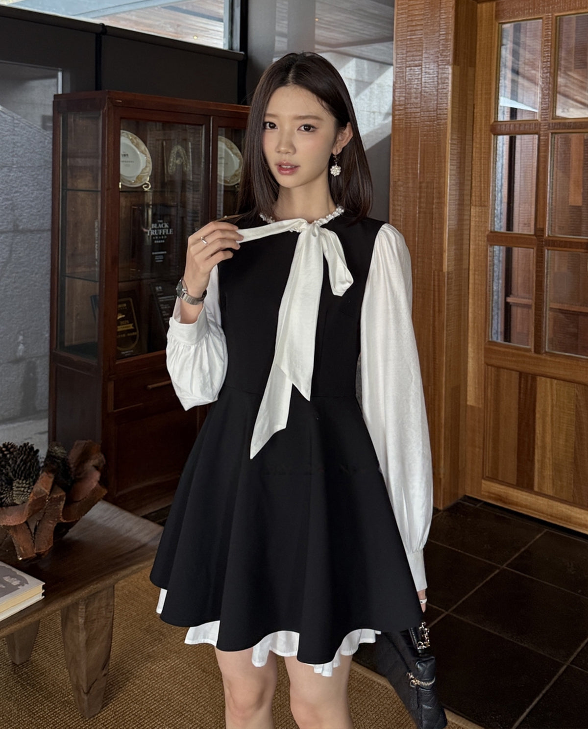 【dress】リボン付きフェイクレイヤードワンピース Q8928