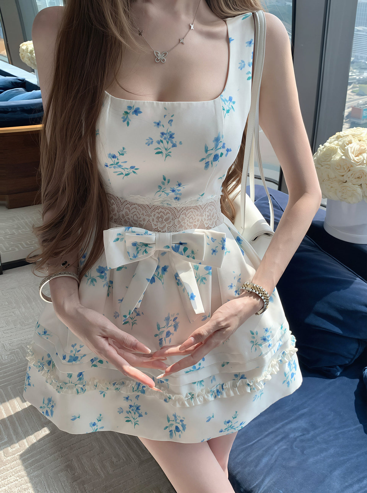 【dress】フラワー柄レースドッキングワンピース Q8757