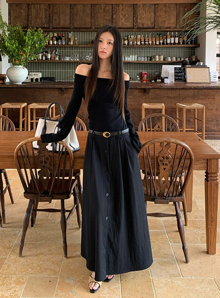 【dress】ベルト付きニットドッキングロングワンピース Q8926