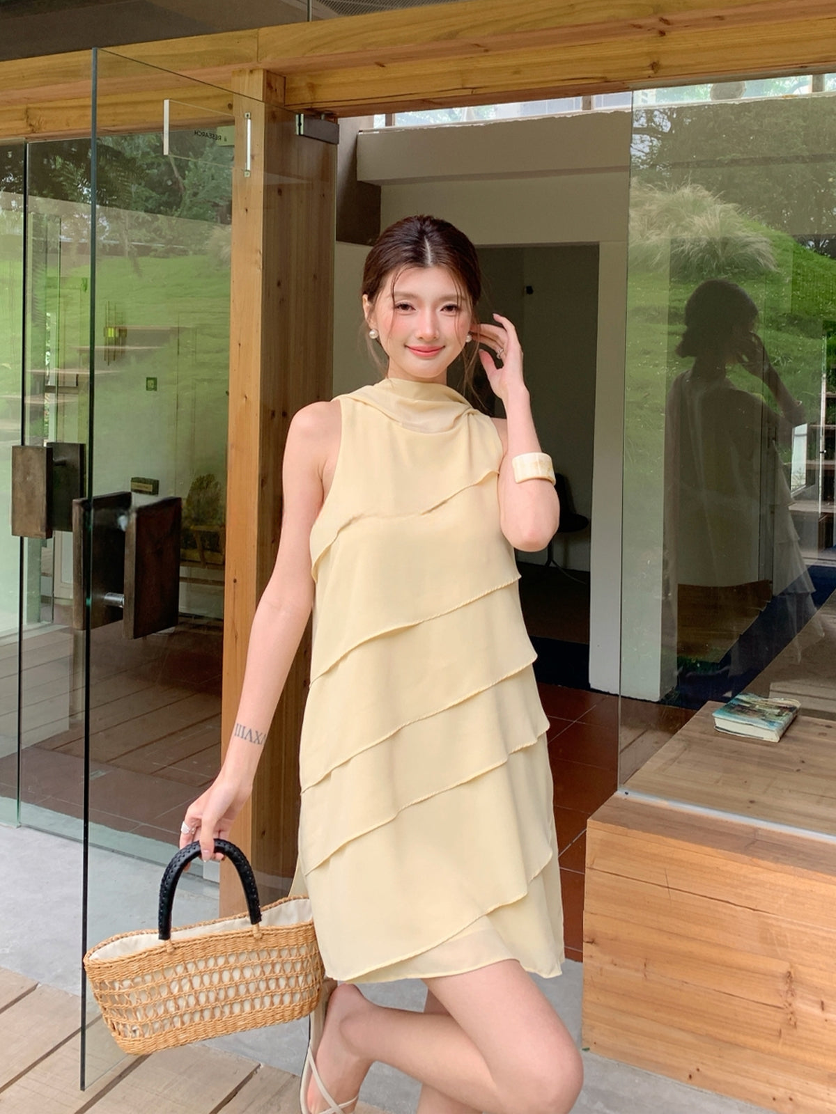 【dress】 スカーフネックシフォンティアードワンピース Q8882