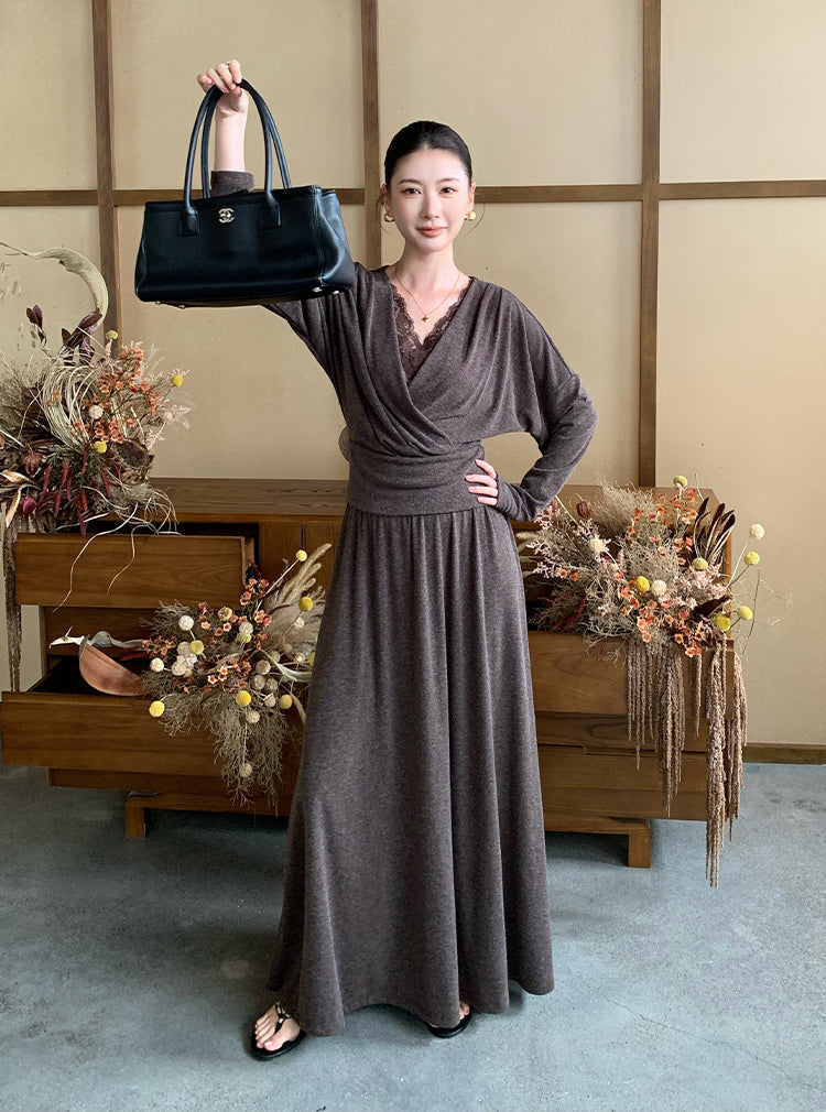【set】レースドッキングトップス×ロングスカートセット Q8927