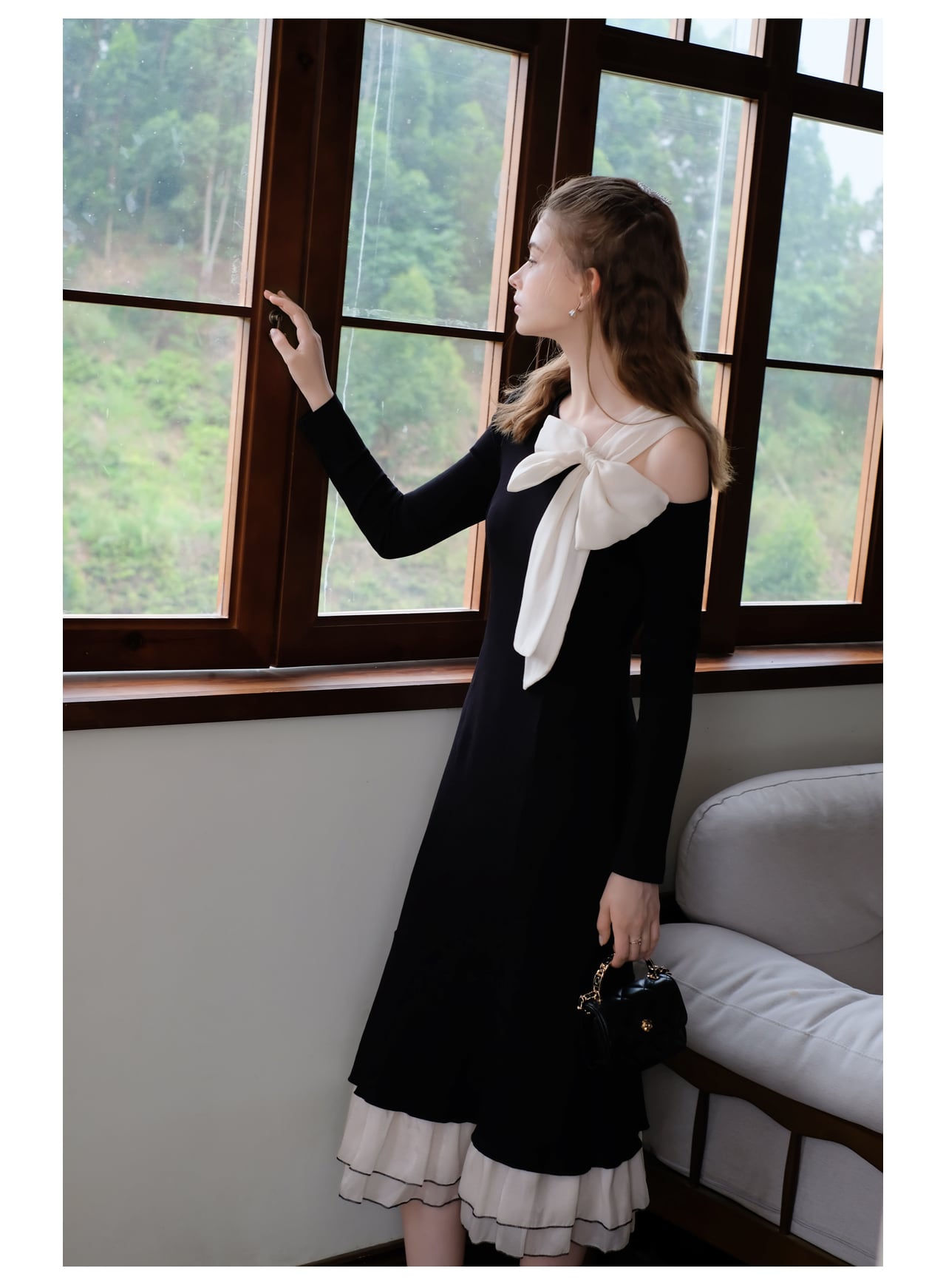 【dress】リボンメッシュ切替ワンピースF8303