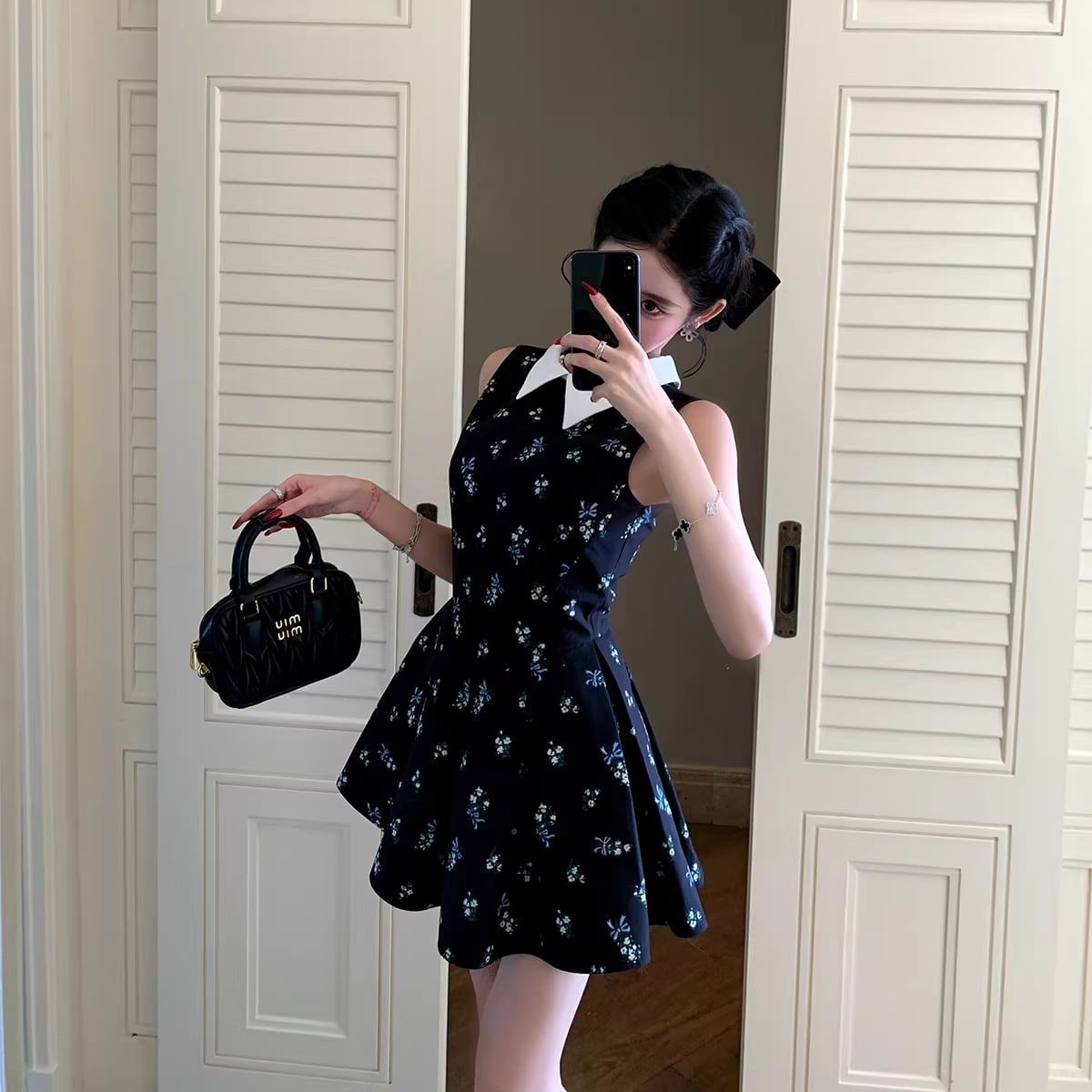 【dress】ノースリーブ花柄フレアミニワンピース Q8413