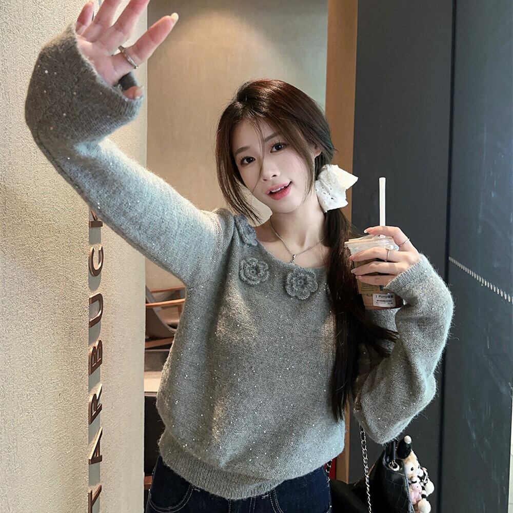 【tops】スパンコール立体フラワーニットトップス　M27222