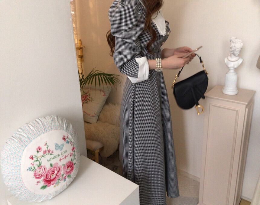 【dress】秋高級感 気質満点ドールカラーフランス風チェック柄ワンピース G1784