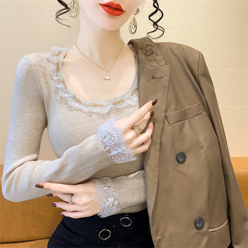 【tops】レース切り替えニットトップス　M28837