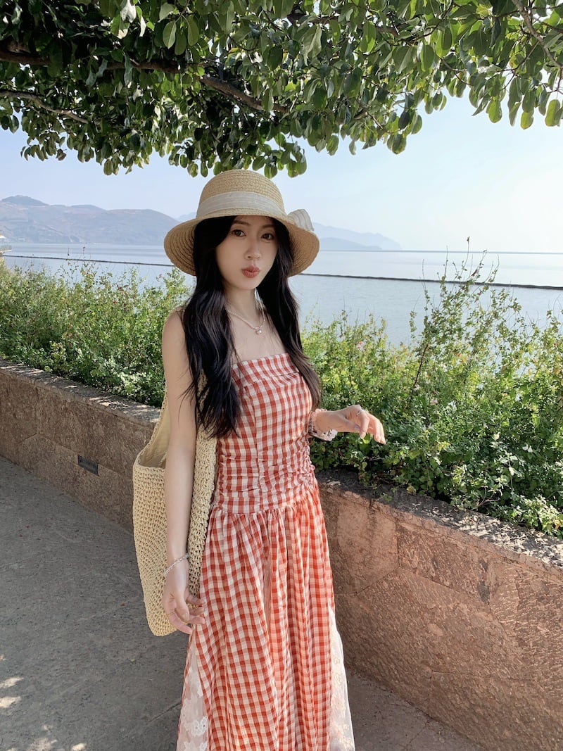 【dress】レースドッキングチェック柄ワンピース　M29795