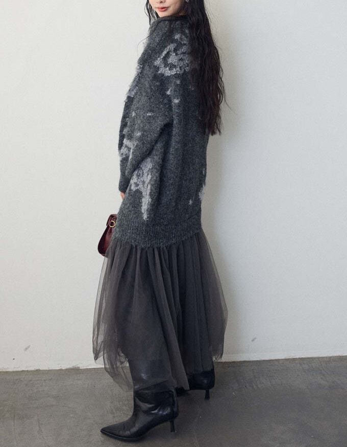 【dress】チュールドッキングロングニットワンピース Q7839