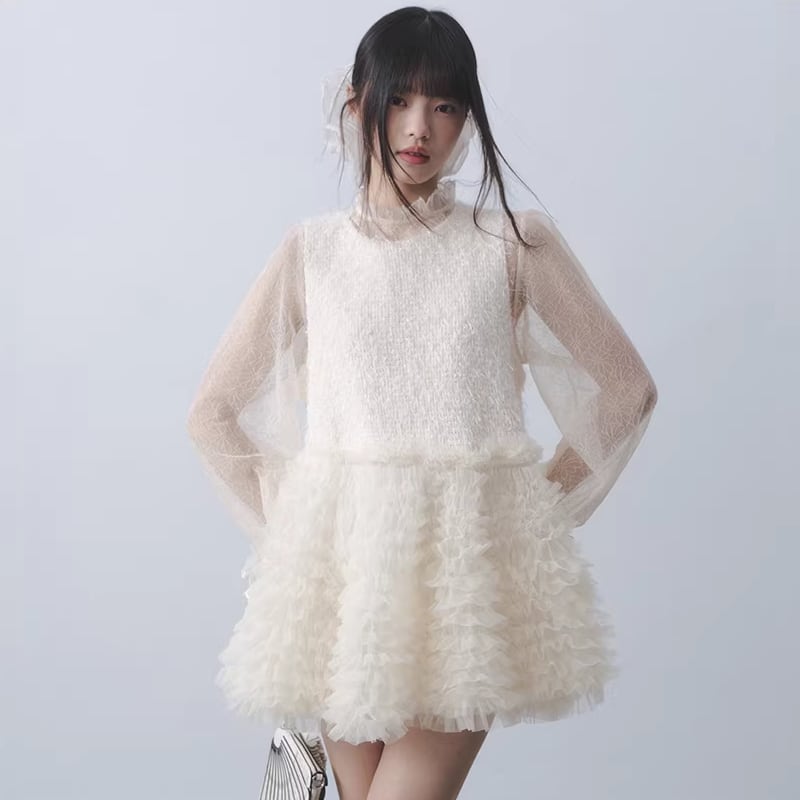 【dress】ギャザーフリルチュールドッキングベストワンピース Q7962
