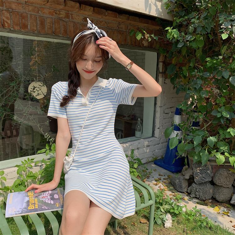 【dress】韓国風スウィートVネック着痩せストライプ柄ニットワンピース G0210