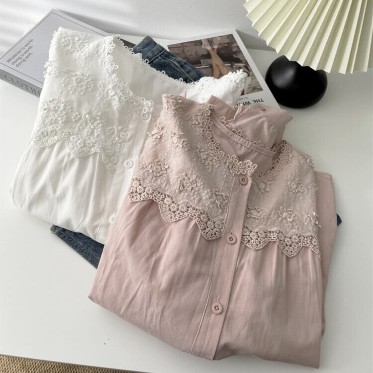 【tops】刺繍レース切り替えシャツブラウス　M29739