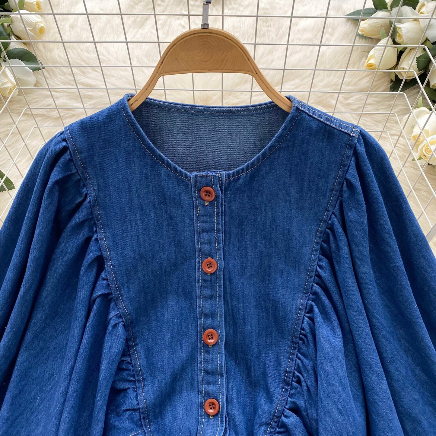 【tops】ランタンスリーブデニムシャツ　M29723