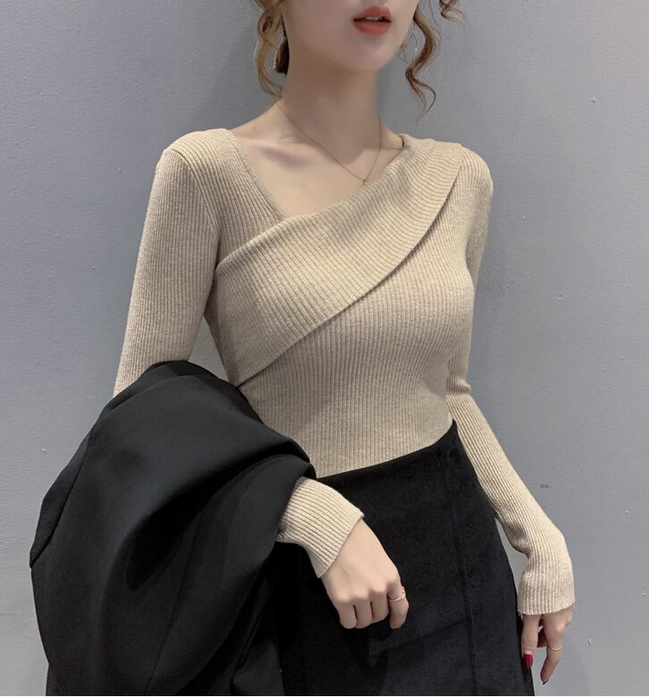 【tops】早い者勝ち! 長袖オブリークネック韓国ファッション着回しゆったりニットセーターW0782