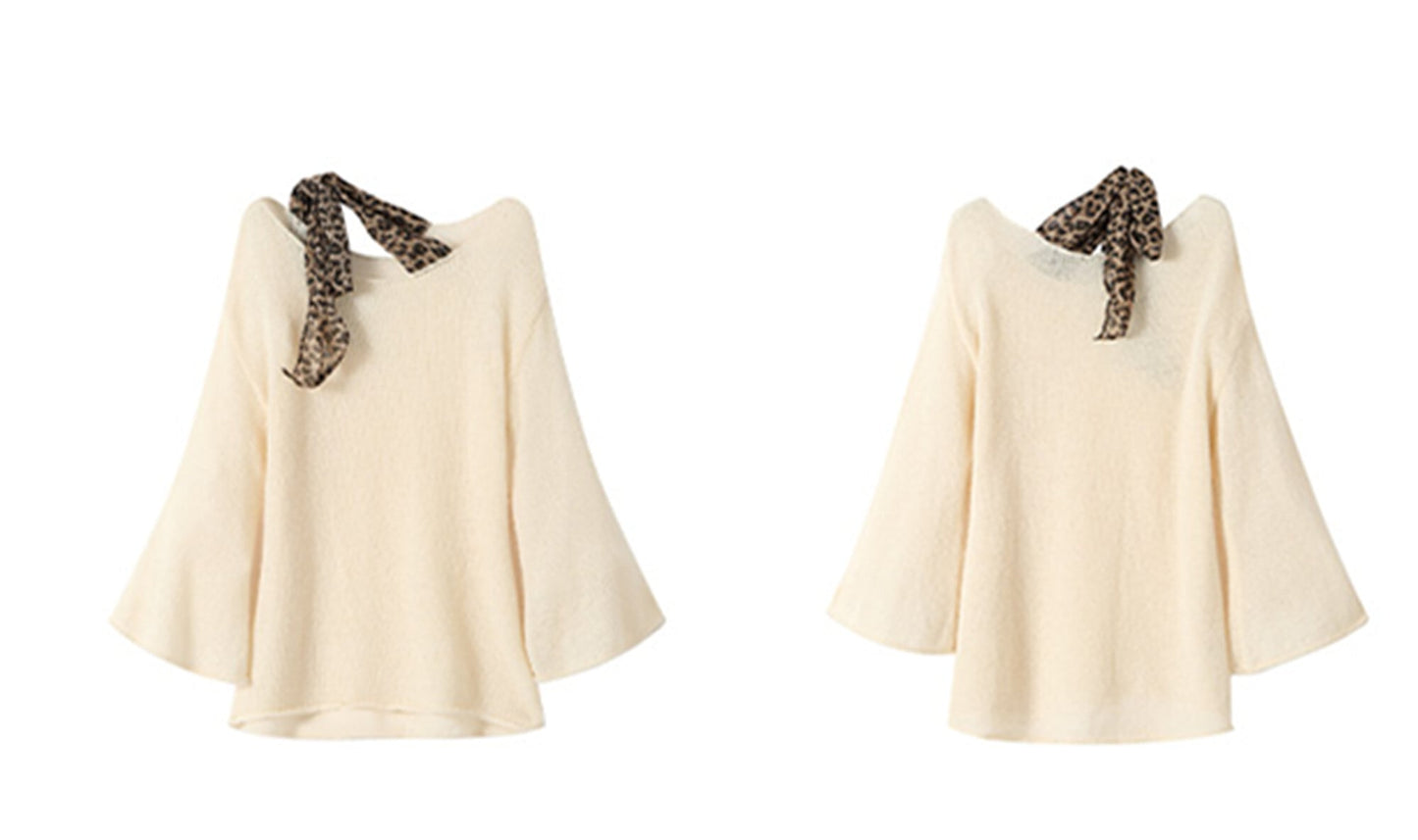 【tops】ヒョウ柄ショルダーリボンニットトップス　N3333
