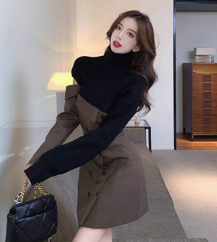 【dress】一目惚れ！ハイネック長袖ニット替え体型カバーファッション配色ワンピースF0972