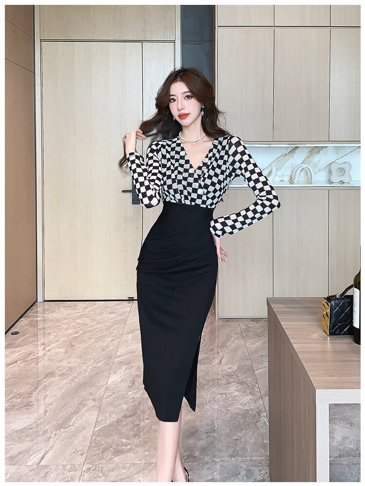 【dress】Vネック長袖切り替えワンピースG16919