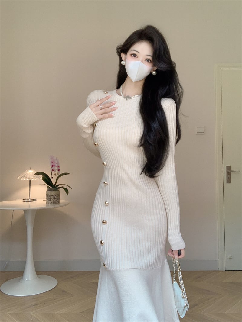 【dress】ボタンデザインマーメイドニットワンピース　M18048