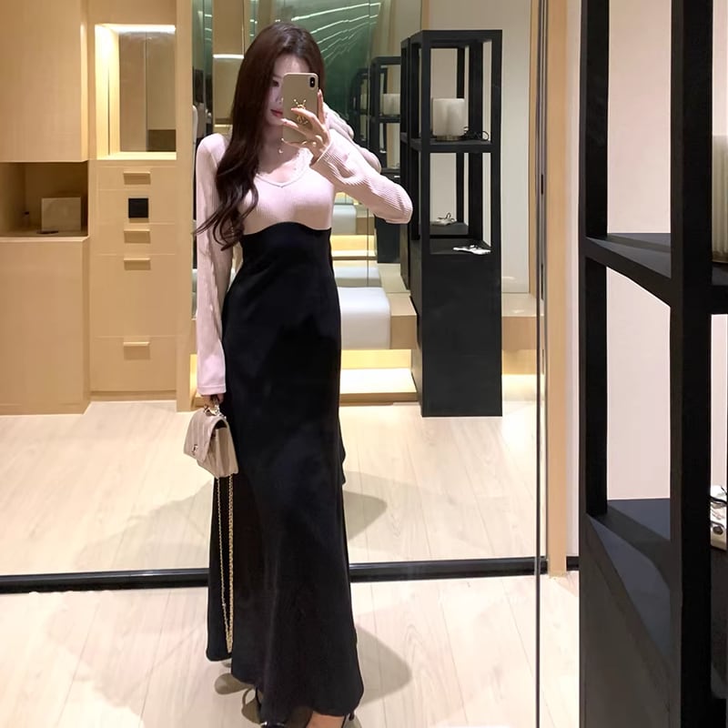【dress】レースドッキングロングニットワンピース Q7853