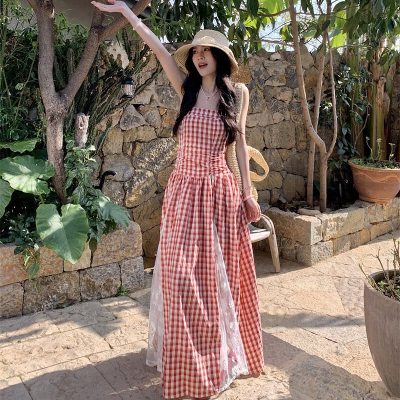 【dress】レースドッキングチェック柄ワンピース　M29795