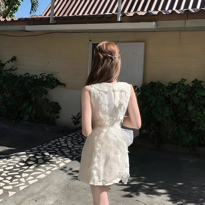 【dress】バックリボンレースドッキングミニワンピース Q8390