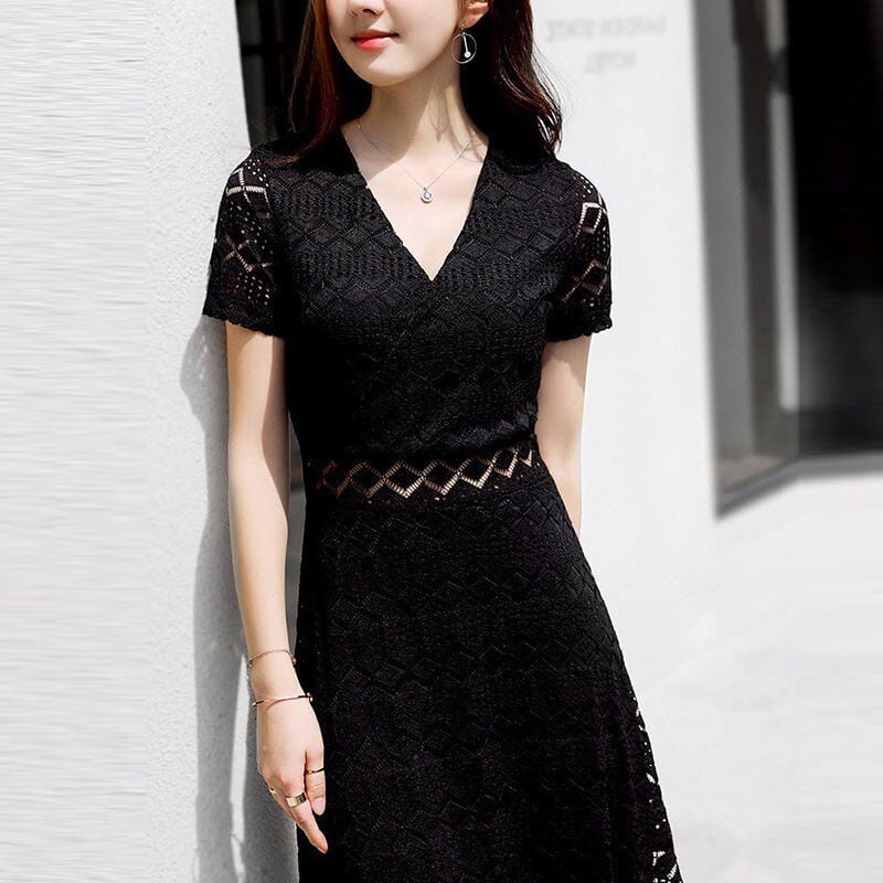 【dress】今季トレンドレース着痩せハイウエストAライン透かし彫り無地ワンピースF0117