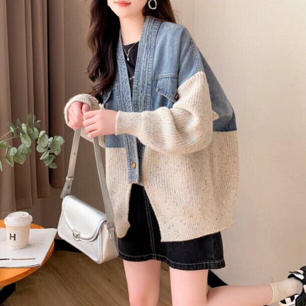【outer】デニム切り替えニットカーデ　M29329