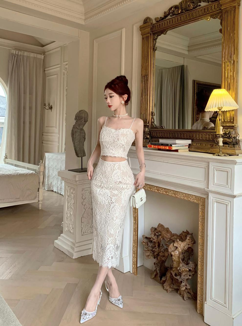 【set】不規則レーストップス+スカート２点セットG21119