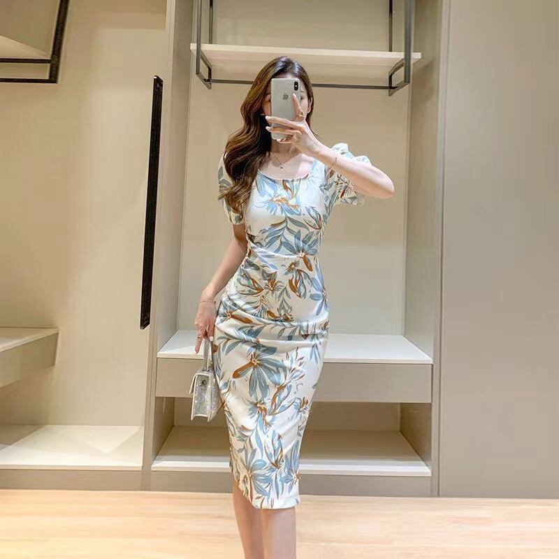 【dress】スクェアネック半袖花柄配色着やせタイトワンピースF2741