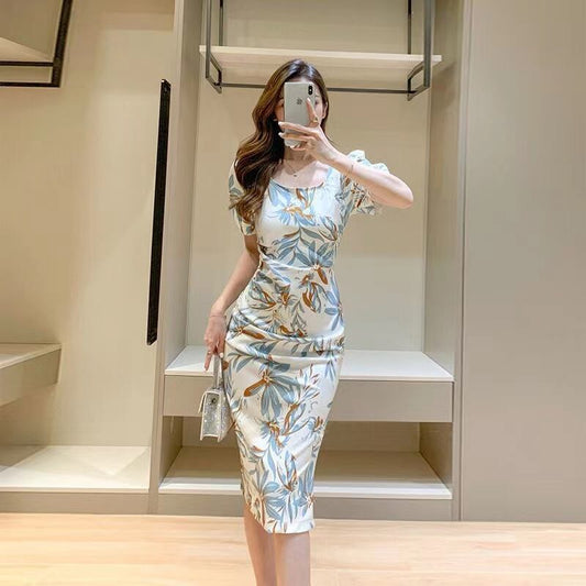 【dress】スクェアネック半袖花柄配色着やせタイトワンピースF2741