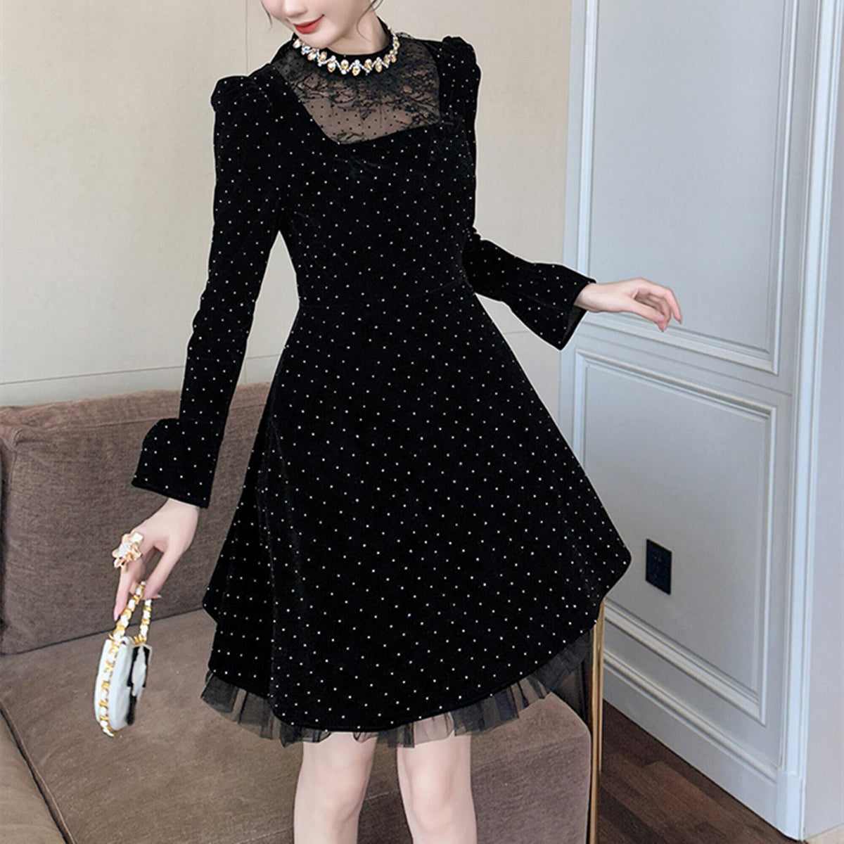 【dress】レースドッキングラインストーンベロアワンピース　N3420