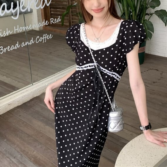 【dress】レース切り替えドット柄ワンピース　M29690
