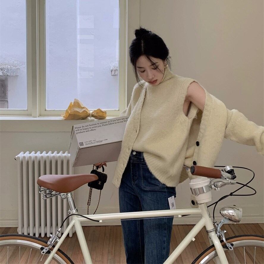 【tops】ハイネックノースリニットトップス×カーディガンセット　N2147